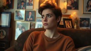 Egy fiatal nő gondolkodik, miközben képek veszik körül.