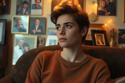 Egy fiatal nő gondolkodik, miközben képek veszik körül.