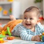 Egy kisbaba játszik színes fejlesztő játékokkal a szőnyegen.