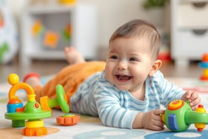 Egy kisbaba játszik színes fejlesztő játékokkal a szőnyegen.