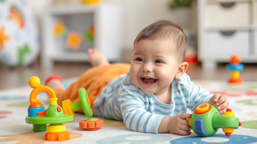 Egy kisbaba játszik színes fejlesztő játékokkal a szőnyegen.