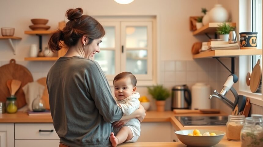 Gyakorlati háztartási tippek kisbabás anyukáknak: időbeosztás, gyors főzés, takarítás egyszerűsítése, ruhakezelés, pelenkázási trükkök és stresszkezelés a nyugodtabb mindennapokért.