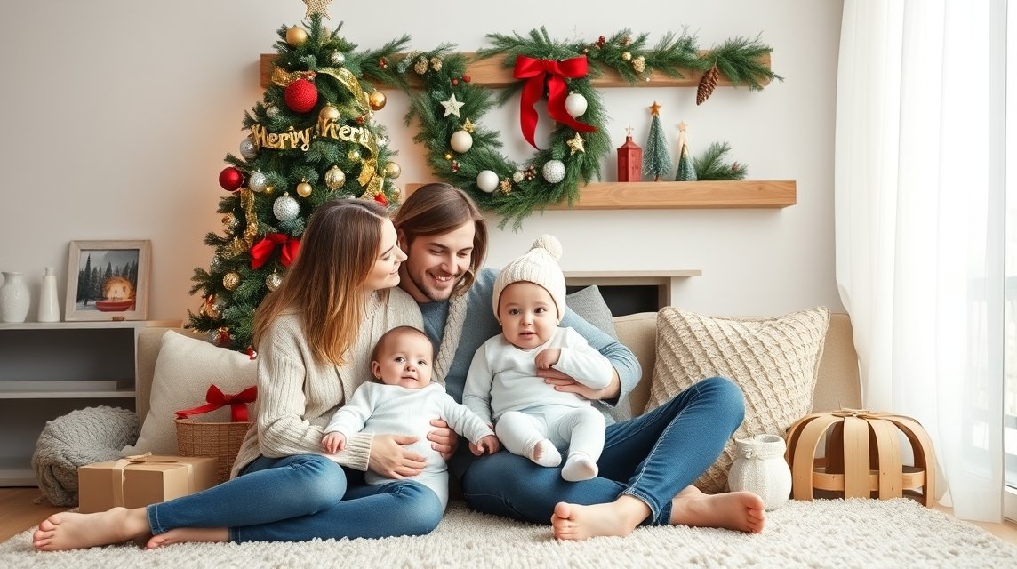 Családi ünneplés gyerekekkel karácsonyi dekoráció mellett.