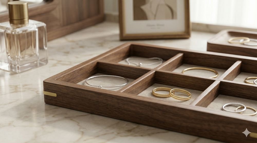 Minimalista ékszerek egy elegáns fa dobozban 2026 trendjei