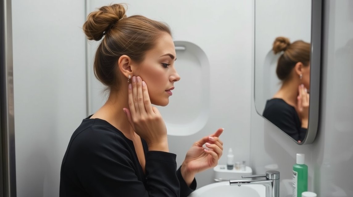 Nő az utazás közben arcápolási rutint követve a fürdőszobában.