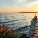 Meditálás a vízparton naplementében a nyári lelki egyensúly érdekében.