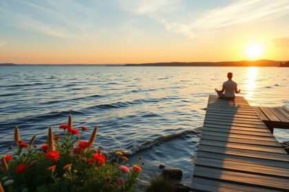 Meditálás a vízparton naplementében a nyári lelki egyensúly érdekében.