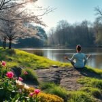 Meditáló nő a természetben tavaszi virágok mellett