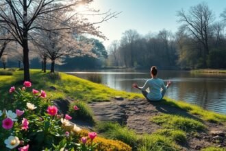 Meditáló nő a természetben tavaszi virágok mellett