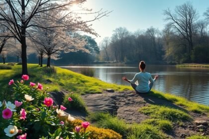 Meditáló nő a természetben tavaszi virágok mellett