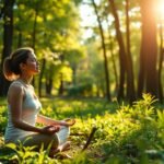 Nő meditál a természetben, fényes zöld fák között.