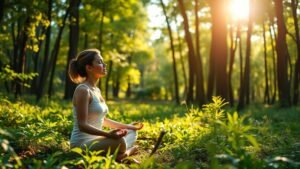 womensway 135 Nő meditál a természetben, fényes zöld fák között.