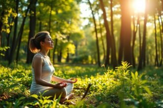 Nő meditál a természetben, fényes zöld fák között.
