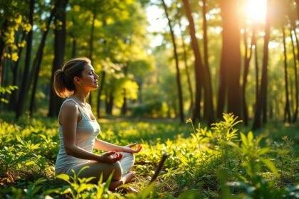 Nő meditál a természetben, fényes zöld fák között.