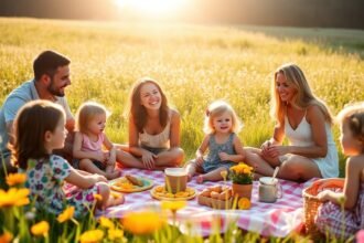 Családi piknik a melegebb hónapokban, harmónikus kapcsolatokkal.