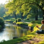 Nő meditál a zöld parkban, nyugodt vízparttal.