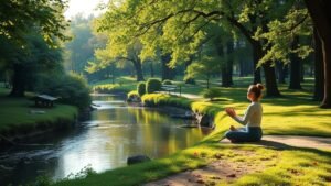 womensway 141 Nő meditál a zöld parkban, nyugodt vízparttal.