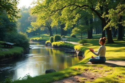Nő meditál a zöld parkban, nyugodt vízparttal.