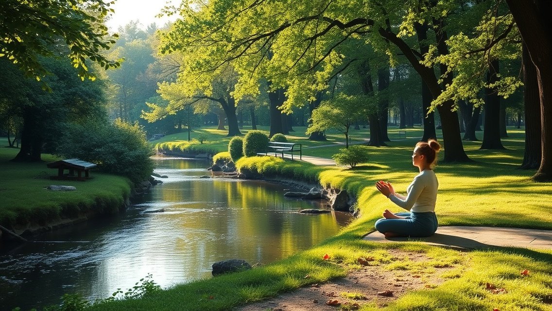 Nő meditál a zöld parkban, nyugodt vízparttal.
