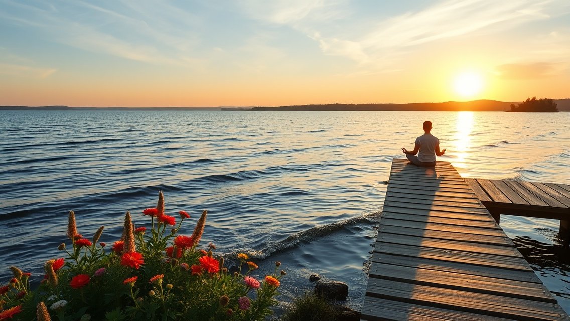 Meditálás a vízparton naplementében a nyári lelki egyensúly érdekében.