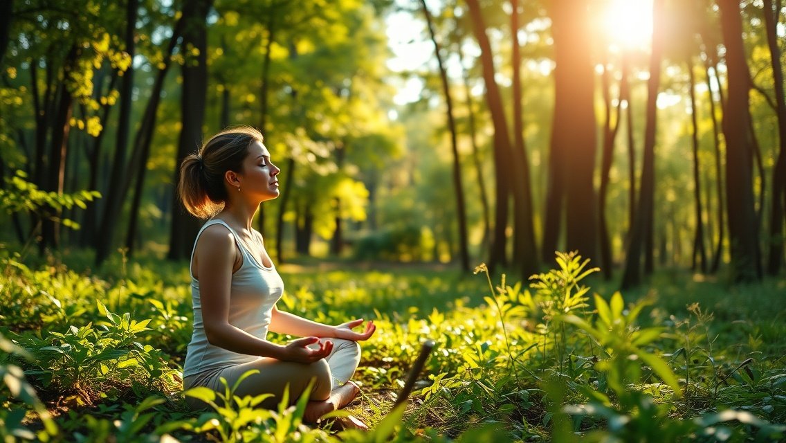 Nő meditál a természetben, fényes zöld fák között.