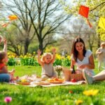 Családi piknik a szabadban tavaszi napfényben, boldog pillanatokkal.