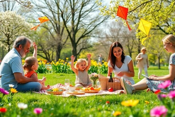 Családi piknik a szabadban tavaszi napfényben, boldog pillanatokkal.