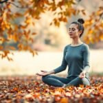 Egy fiatal nő meditál egy őszi fákkal körülvett parkban.