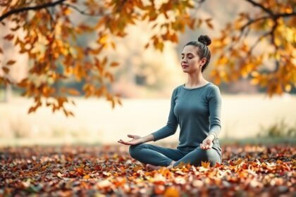 Egy fiatal nő meditál egy őszi fákkal körülvett parkban.