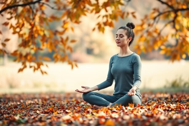 Egy fiatal nő meditál egy őszi fákkal körülvett parkban.