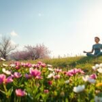 A nő meditál virágos mezőn tavaszi napsütésben.