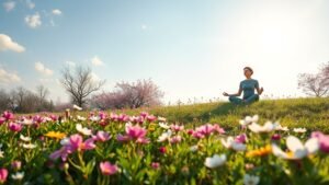 A nő meditál virágos mezőn tavaszi napsütésben.
