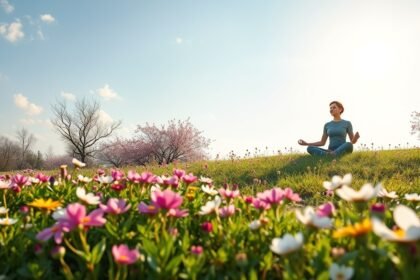 A nő meditál virágos mezőn tavaszi napsütésben.