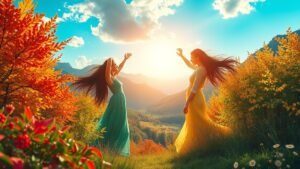 womensway 136 Két nő élvezi a természetet az őszi tájban.
