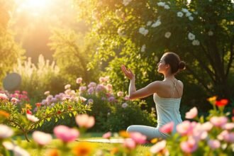 Nő meditál virágos kertben nyári napsütésben