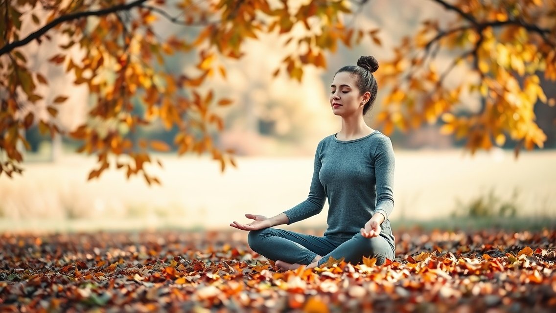 Egy fiatal nő meditál egy őszi fákkal körülvett parkban.