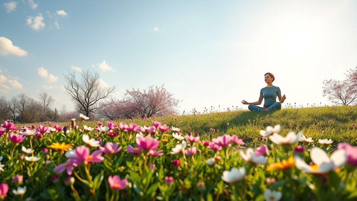 A nő meditál virágos mezőn tavaszi napsütésben.
