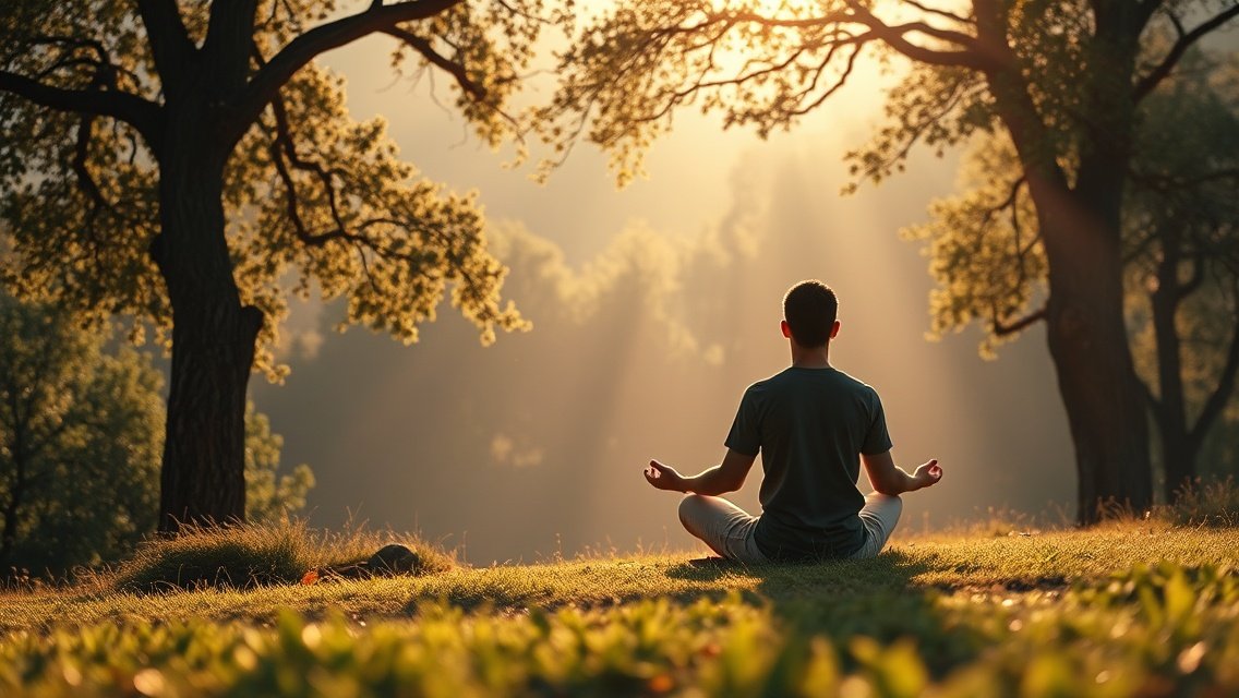 Meditáló férfi a természetben, belső harmónia keresése