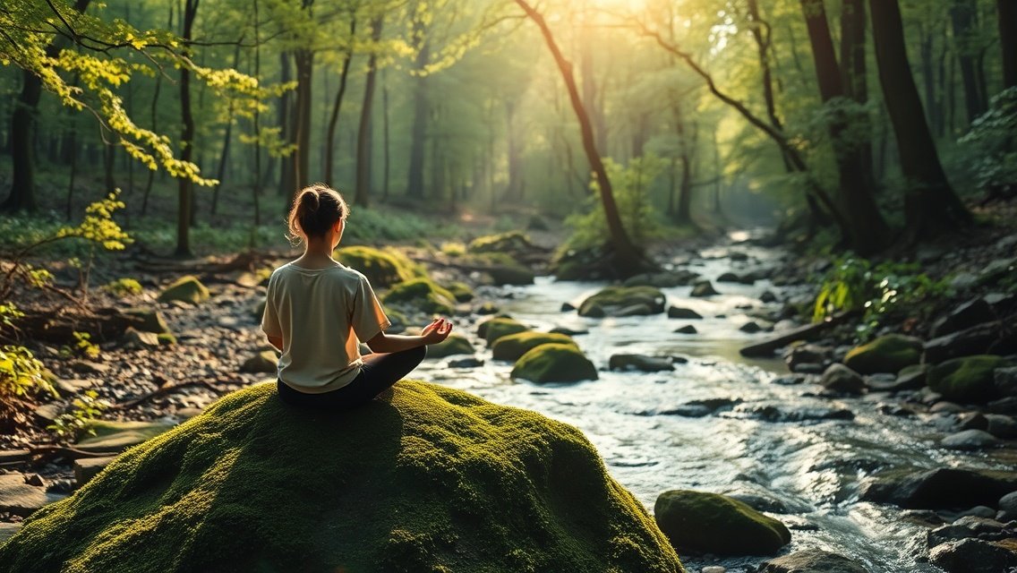 Meditáló személy a természetben, belső béke keresésében.