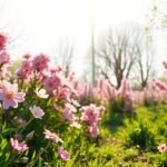 Tavaszi virágzás gyönyörű rózsaszín virágokkal és zöld fűvel.
