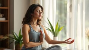 Nő meditál a szobában, amely a tudatos életmódot szimbolizálja.