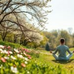 Egy férfi meditál tavaszi virágok között, nyugodt környezetben.