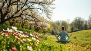 womensway 137 Egy férfi meditál tavaszi virágok között, nyugodt környezetben.