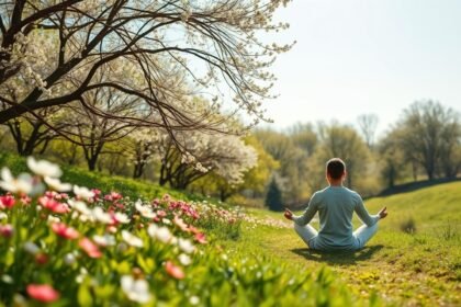 Egy férfi meditál tavaszi virágok között, nyugodt környezetben.