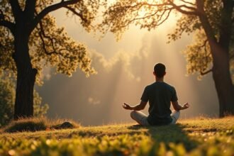 Meditáló férfi a természetben, belső harmónia keresése