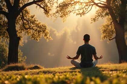 Meditáló férfi a természetben, belső harmónia keresése