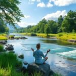 Nő meditál a természetben, stresszcsökkentés és relaxáció