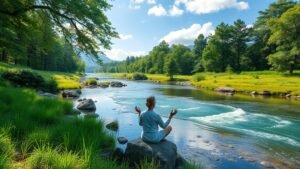 Nő meditál a természetben, stresszcsökkentés és relaxáció
