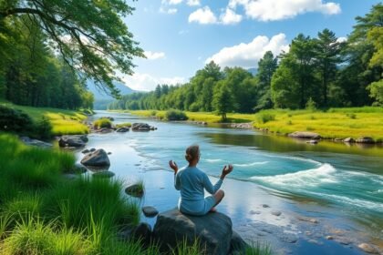 Nő meditál a természetben, stresszcsökkentés és relaxáció