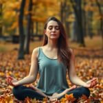 Nő meditál őszi falevelek között, a női intuíció erősítése érdekében.